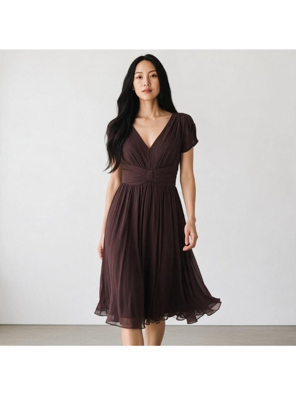 Ivy & Blu Maggy Boutique Dress 10P Chocolate Brown 100% Silk Ruched NWT Chiffon